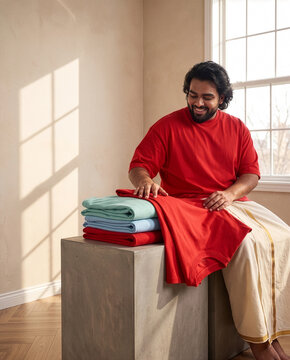 Happy South Asian man in red t-shirt and mundu dhoti organizing folded cotton clothes in warm indoor room Generative Ai