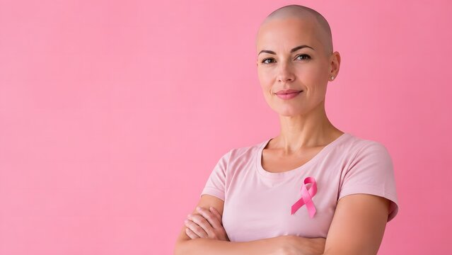 Confident bald woman wearing a pink shirt with a ribbon pin for cancer awareness standing against a soft pink background looking at the camera with a hopeful smile and her arms crossed for strength