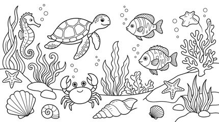 Fototapeta premium Underwater Coloring Page Featuring Cute Sea Animals Corals And Shells For Kids Activity Book Illustration For Creative Education
