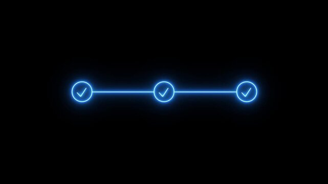 Glowing Neon bright light 3 step infographic process with check mark tick animation on black background, step business success guide progress concept with check mark motion. 4k