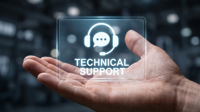 Hand holding glowing glass tablet with technical support headset icon for remote customer service and digital assistance communication solution in professional environment
