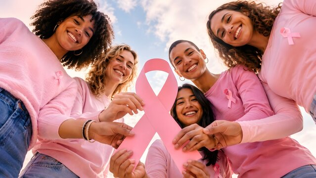 Group of diverse happy women holding a large pink awareness ribbon to support breast cancer awareness month while smiling together outdoors in a bright park setting looking down at the camera lens