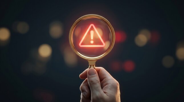 Hand holding magnifying glass over glowing red exclamation mark icon representing critical error alert or urgent security risk assessment in modern digital technology systems