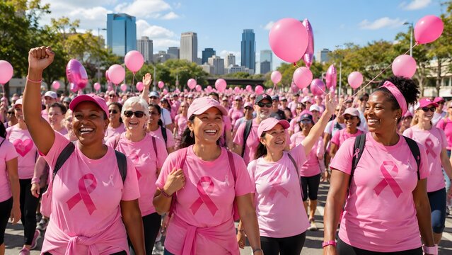 Diverse group of happy people wearing pink shirts and holding balloons walking in a city street for a breast cancer awareness charity event under a bright blue sky with buildings in the background