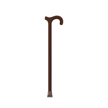 A simple brown walking cane with a curved handle and a a grey rubber tip, standing upright against a clean white background.