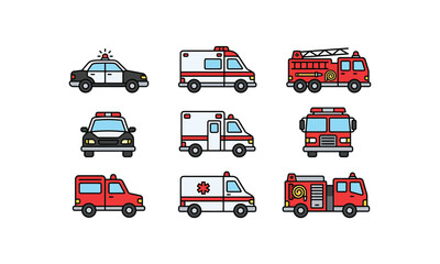 Fototapeta premium Emergency service vehicles set with police fire ambulance.