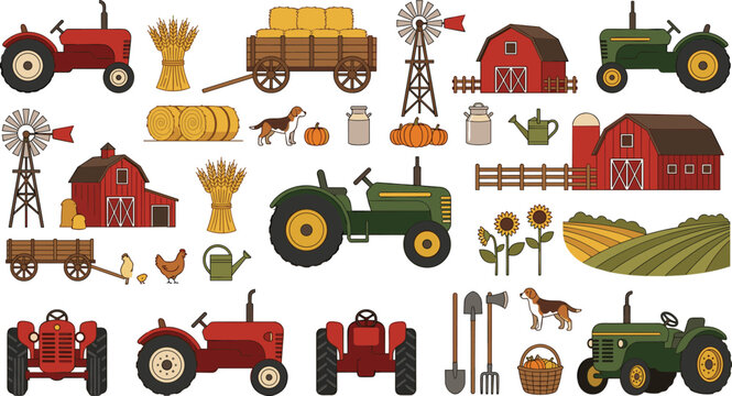 Vintage farming vector illustration icon set with agricultural tractors barns windmills and wheat fields for commercial design and marketing graphics