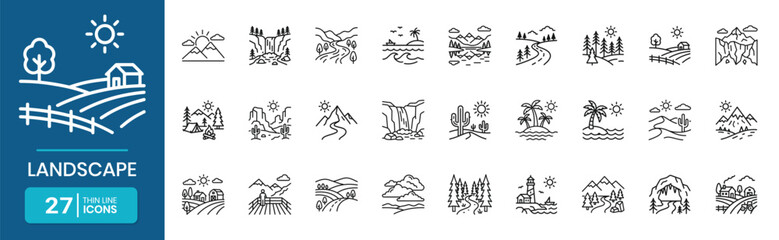 Fototapeta premium Beautiful nature landscape scenery thin line outline icon set for travel and outdoor design