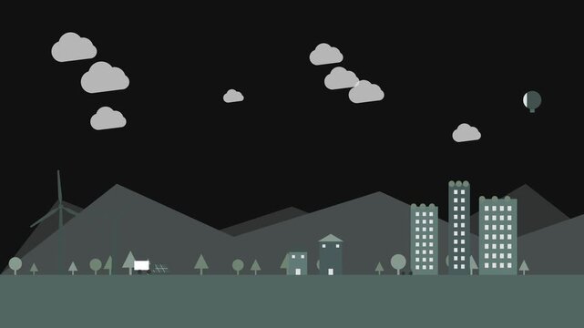 City skyline landscape with flat vector buildings and mountains at night