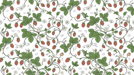 Vintage strawberry seamless pattern vector illustration with hand drawn wild berries winding vines flowers and green leaves for kitchen textile fabric wallpaper © AdhinChandra