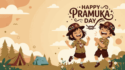Fototapeta premium Cheerful young scouts celebrating outdoors with tents and forest background in a vibrant flat vector illustration style design