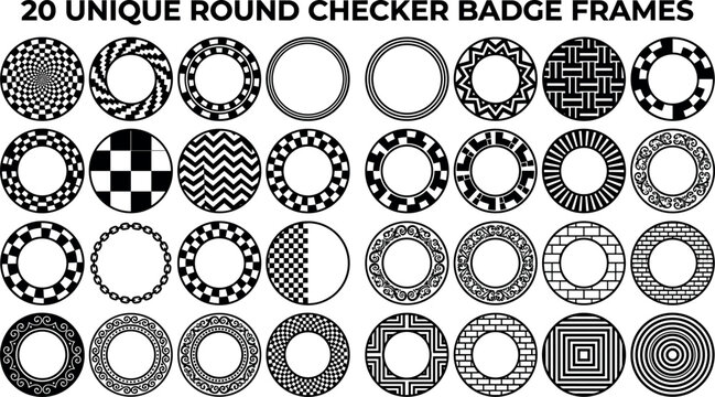 Abstract round checker badge frames collection with black and white geometric patterns mosaic circles herringbone weaves spiral designs and greek key borders