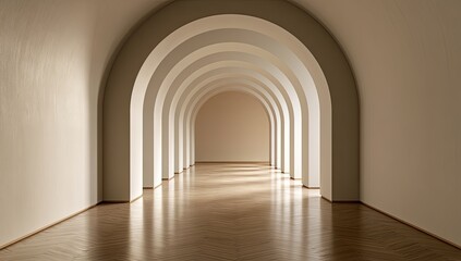Fototapeta premium Endless arched hallway with natural light streaming through, creating shadows