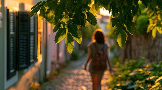 Woman walks down sunlit cobblestone path bordered by foliage and buildings