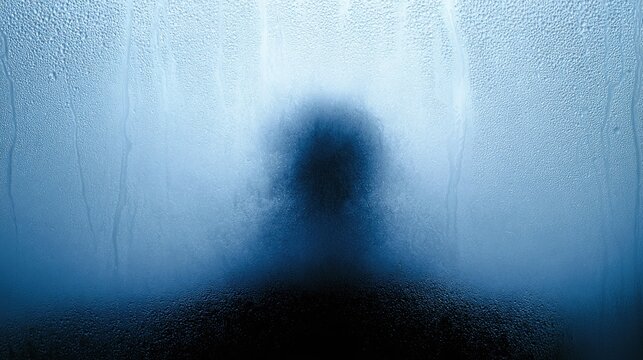 Blurred figure silhouette behind steamy, wet window. Blue haze