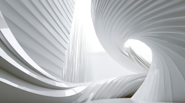 Abstract white architectural forms with sweeping curves and bright light