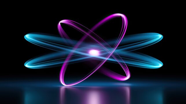 Abstract atomic model with glowing orbits on dark background