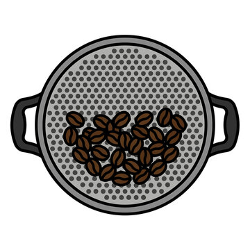 Roasted coffee beans on a cooling tray. Coffee bean roasting process