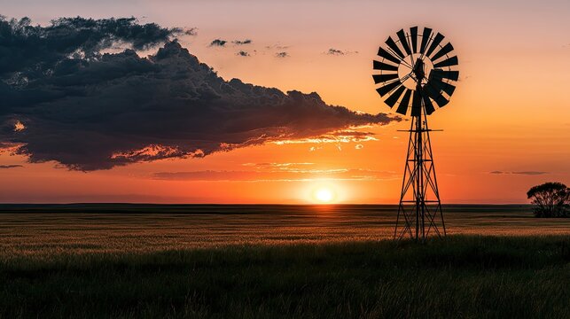 Rustic windmill silhouetted against a dramatic, fiery sunset over golden fields