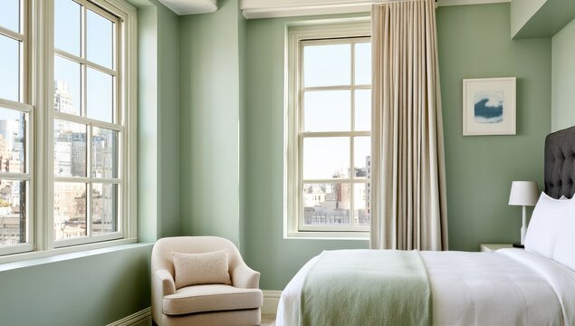 Serene bedroom with large windows, armchair, and neatly made bed