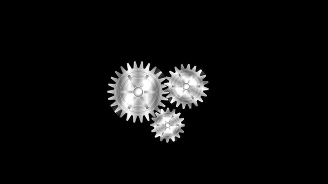 Three Metal Gears Rotation Animation on Black Background with Loop Mechanical System