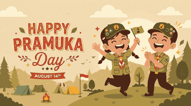 Cheerful scout children celebrating pramuka day in a stylized outdoor camping landscape with text with campfire mountain backdrop