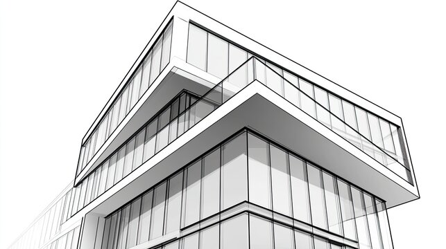 Modern architectural rendering of a sleek, multi-story glass and white structure