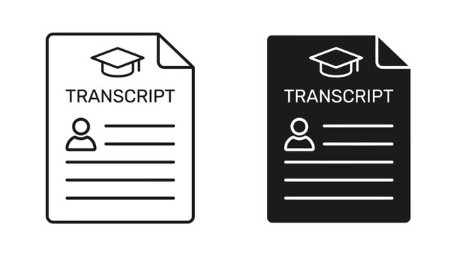 Transcript documents displaying academic records are presented as a set of two flat vector icons featuring a graduation cap symbol and a personal profile outline.