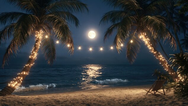Tropical beach at night with glowing lights, moon, and calm ocean waves