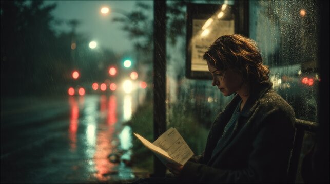 Woman reading at rainy bus stop