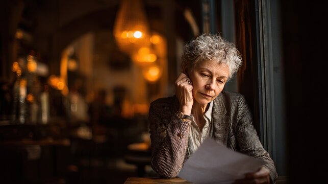 Woman reading document by window light