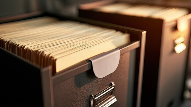 Organized file cabinets filled with manila folders in a dimly lit room