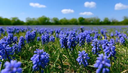 Obraz premium Field of blooming blue grape hyacinths under a clear sky