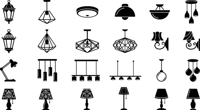 Modern and vintage home lighting silhouette icons set featuring chandeliers pendant lamps desk lights wall sconces and geometric ceiling fixtures