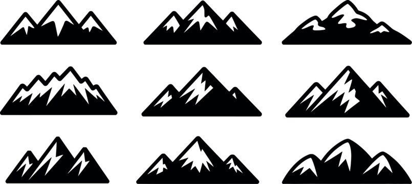 Mountain range icons set representing nature and outdoor landscapes. Vector Illustration