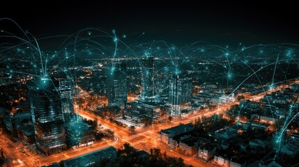 Fototapeta premium Illuminated cityscape with glowing data connections at night