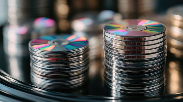Compact discs stacked on a shiny surface, reflecting rainbow colors