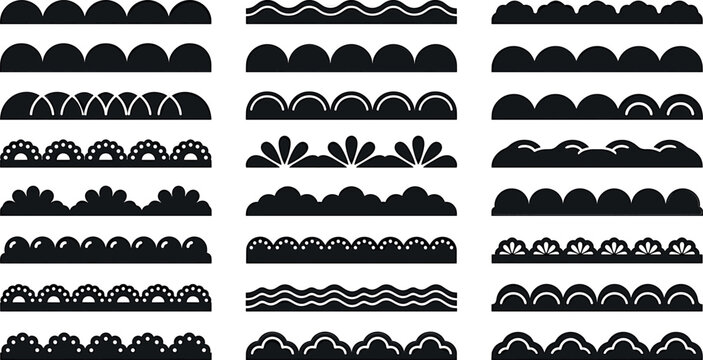 Decorative black wavy silhouette border dividers collection with scalloped trims lace ribbons floral contours and geometric lace edge patterns