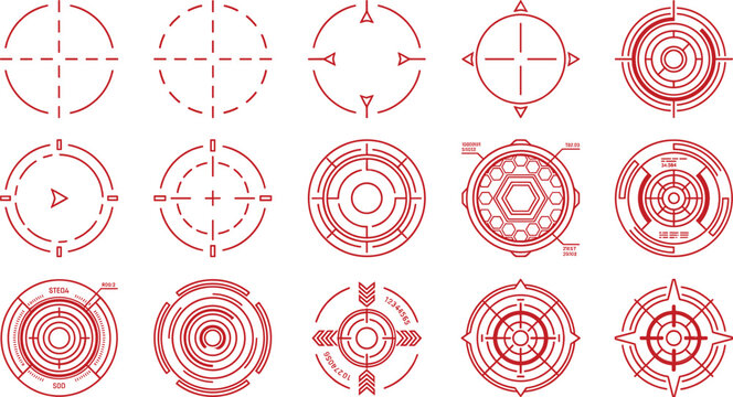 Red futuristic HUD target crosshair icons set featuring sci-fi sniper aims radar displays weapon sights and technological tracking digital interface elements