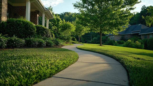 Winding Concrete Pathway Through Lush Residential Garden