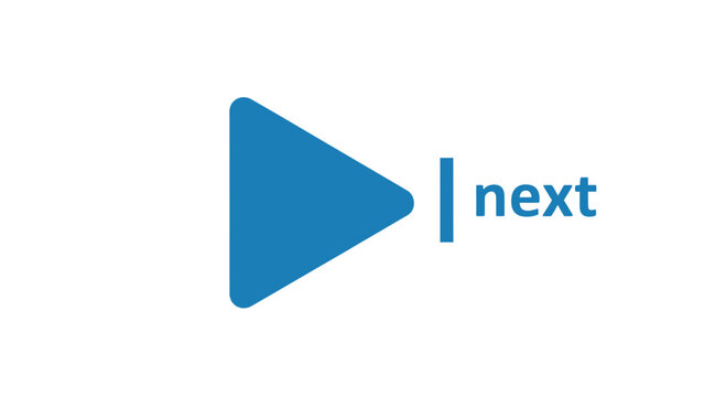 Blue play button symbol and "next" text on white background