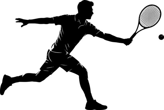 Tennis Player Forehand Stroke Black Silhouette Vector Illustration with Dynamic Sports Action Pose