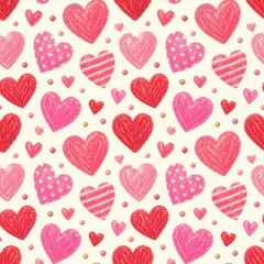 Fototapeta premium Cute Seamless Heart Pattern with Hand Drawn Pink and Red Hearts for Valentine's Day