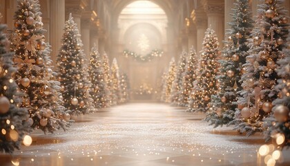Fototapeta premium Enchanting Christmas Hallway Decorated with Glowing Christmas Trees.
