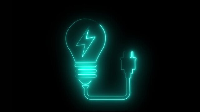 Glowing neon electric plug and lightning bolt power charge icon isolated on black background, perfect for energy and technology concept. 4k video