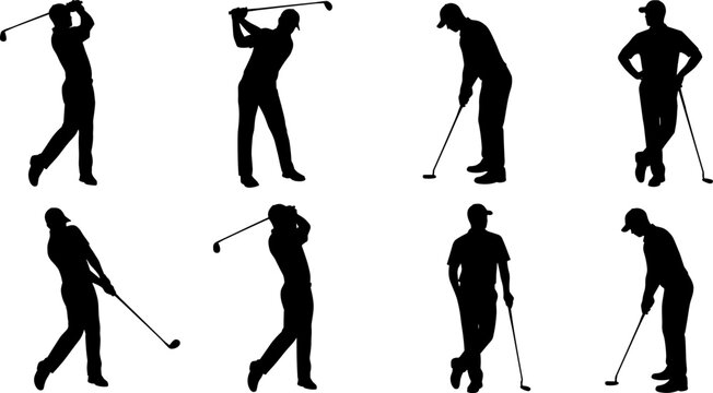 Set of black silhouette male golf players in various swing and putting poses isolated on white