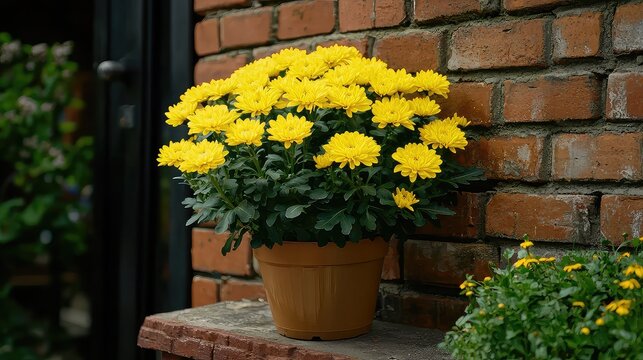 Bright Yellow Mums in a Pot Against a Rustic Brick Wall