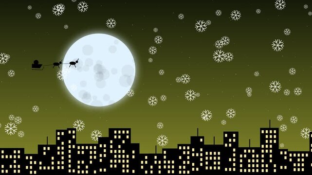 Santa claus sleigh flying over city skyline with full moon and falling snow