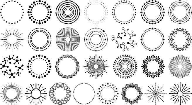 Abstract black dotted round frames and circle border vectors set with geometric dots sunburst shapes molecules and mandala ornaments