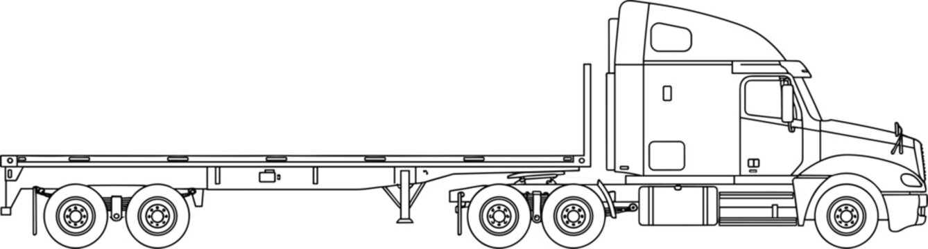 Detailed black outline semi truck with flatbed trailer profile view vector illustration for commercial transport coloring pages